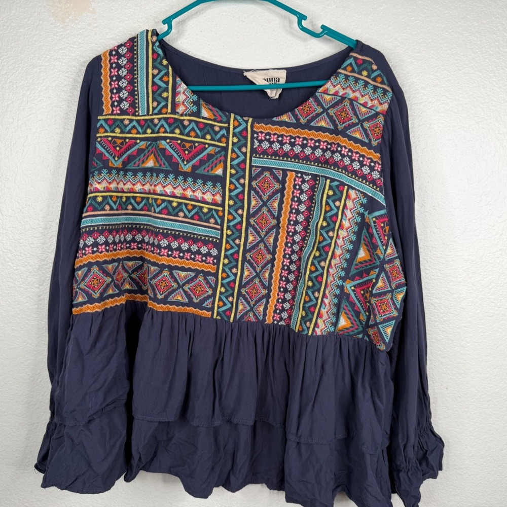 Savannah Jane Women's Embroidered Aztec Tiered Boho Peasant Top Blue Size 3X